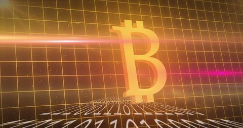 Bitcoin Symbol on Digital Grid with Binary Code Background