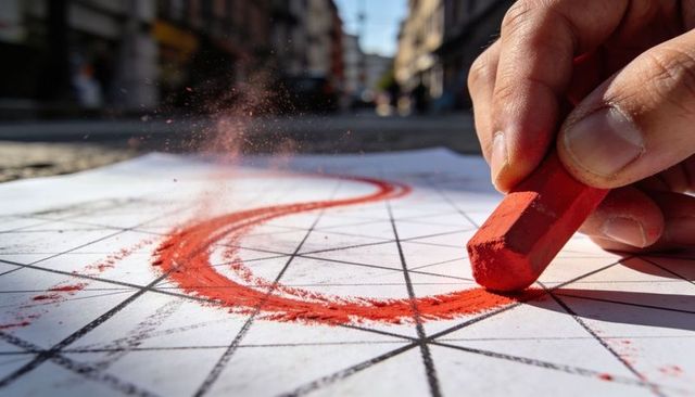 Drawing bold curved red pastel stroke on geometric grid, chalk dust motion close-up