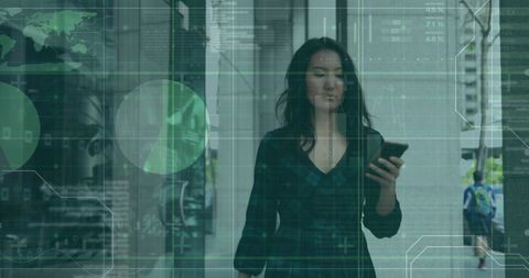 Businesswoman Browsing Smartphone with Global Infographic Overlay