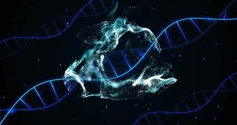 Futuristic DNA Helix with Digital Swirls and Particle Cloud