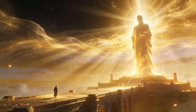 Pilgrim approaching giant luminous golden deity on temple bridge under ethereal light