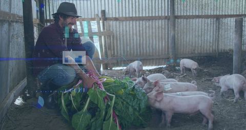 Farmer with Piglets and Holographic Financial Data Overlay