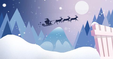 Santa Claus in Sleigh Gliding Over Snowy Mountains at Night