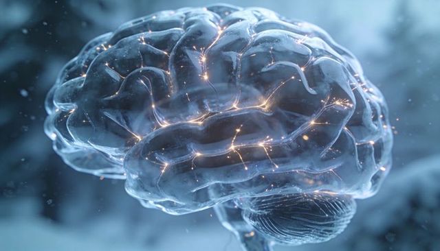 Translucent Brain Glowing with Neural Pathways and Golden Synapse Sparks