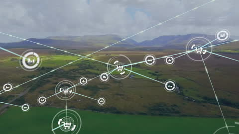 Animation of Digital Connectivity Over Countryside Landscape