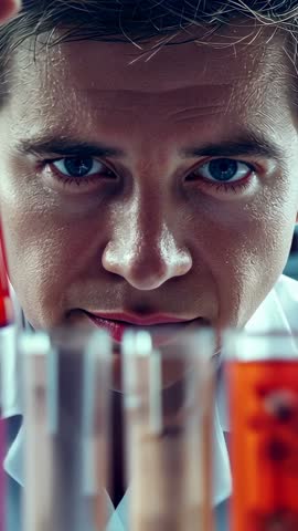 Vertical closeup of scientist inspecting red sample tube and comparing colorful vials in lab rack
