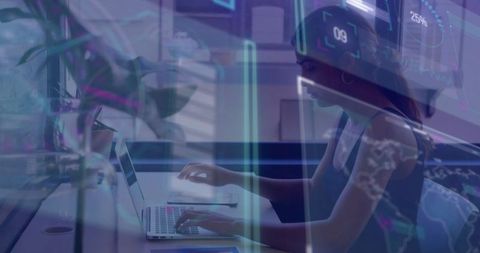 Woman Analyzing Holographic Charts on Laptop in Modern Home Office