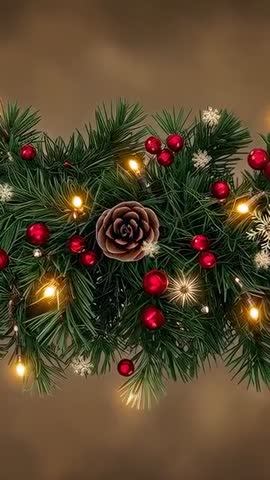 Vertical Christmas Garland Swaying with Pulsing Warm Lights, Pinecone and Red Baubles