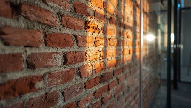 Exposed red brick wall with mortar joints and warm light bands in industrial loft