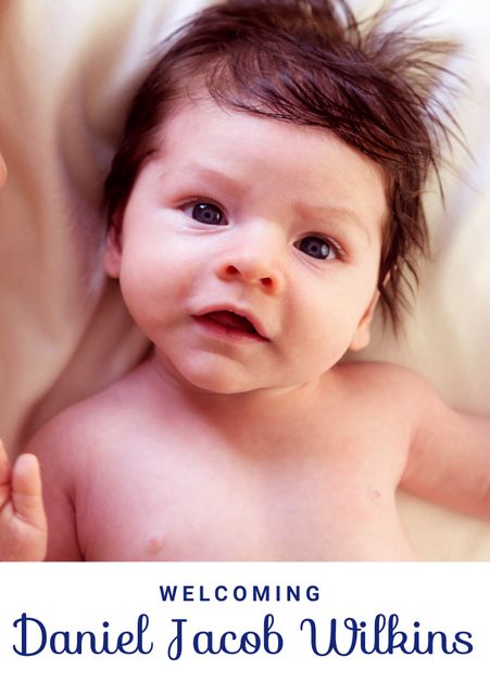 This image features a close-up portrait of a newborn baby with brown hair against a white background, with welcoming text at the bottom. Great for birth announcements, baby products advertising, parenting blogs, and family-related content.