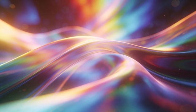 Iridescent glossy fluid wave abstract with luminous metallic gradient and holographic sheen