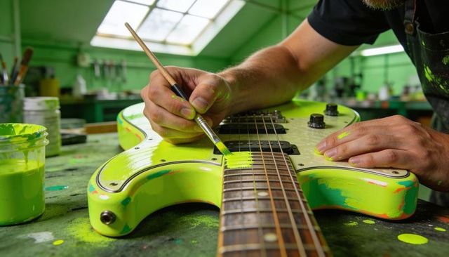 Craftsman painting neon green electric guitar on workbench, custom finish and detailing