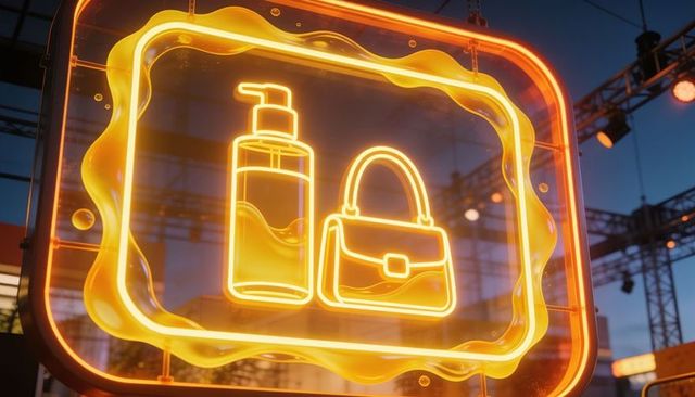 Glowing amber neon sign featuring pump bottle and handbag icons at evening market stall