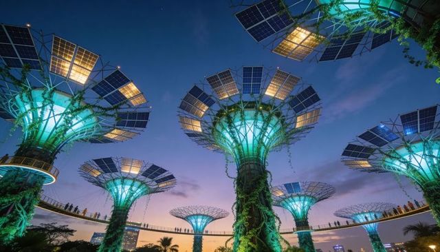 Futuristic solar trees glowing at twilight with illuminated skybridge silhouettes