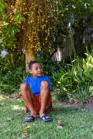 Young african american boy sitting on lawn under fruit tree wearing blue shirt