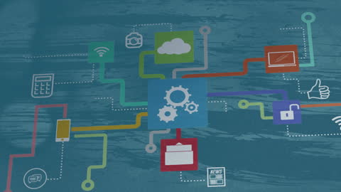 Interconnected Technology Network Animation with Digital Icons