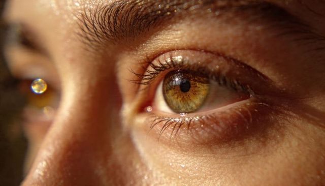Macro hazel eye revealing tear and lens flare in warm light, closeup portrait with long lashes
