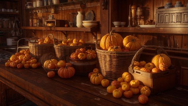 Rustic autumn harvest display with pumpkins in farmhouse kitchen