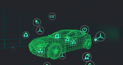 Futuristic 3d wireframe car with eco-friendly icons