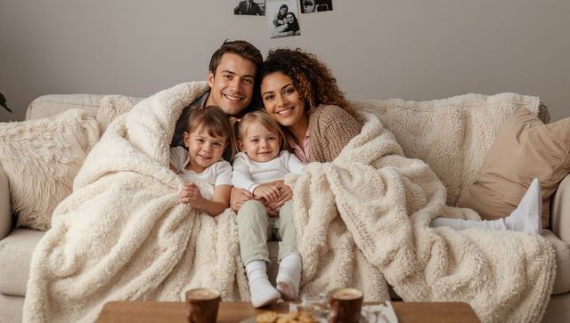 Cozy family snuggling under plush cream blanket on sofa, parents and kids smiling