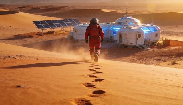 Astronaut walking toward modular martian habitat across red sand dune at sunset