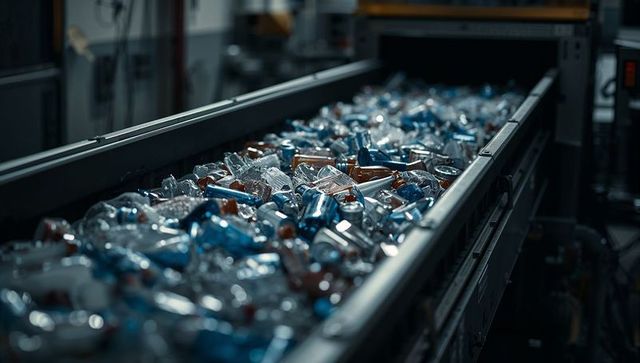 Recycling processing conveyor belt with bottles in plant