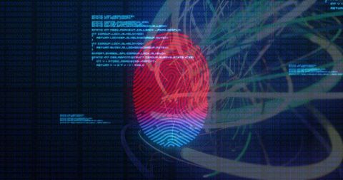 Biometric fingerprint authentication interface neon red-blue gradient data streams
