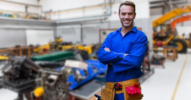 Mechanic standing with arms crossed in a factory workshop, surrounded by industrial machinery and tools. Ideal for use in articles or advertisements related to industrial maintenance, engineering services, manufacturing processes, or professional training programs.