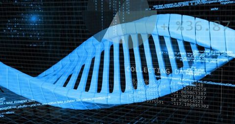 Glowing blue DNA helix streaming code across cyber grid visualizing genomic data analytics
