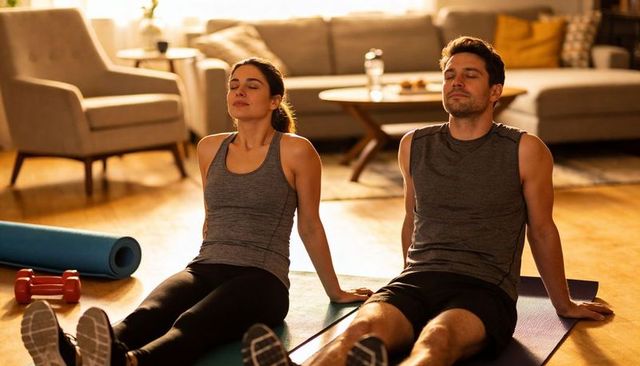 Couple relaxing after workout on living room mats, home fitness cooldown and stretching