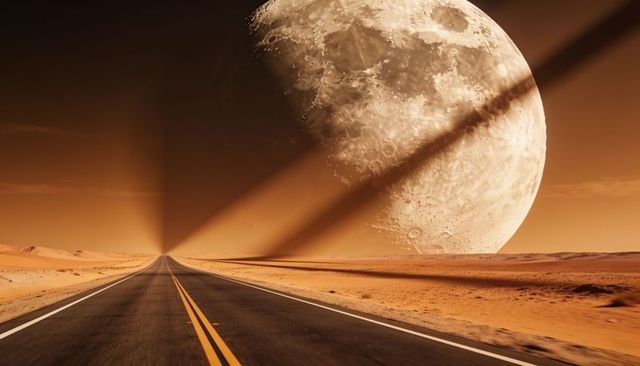 Stretching desert highway leading toward giant moon looming over arid dunes at twilight