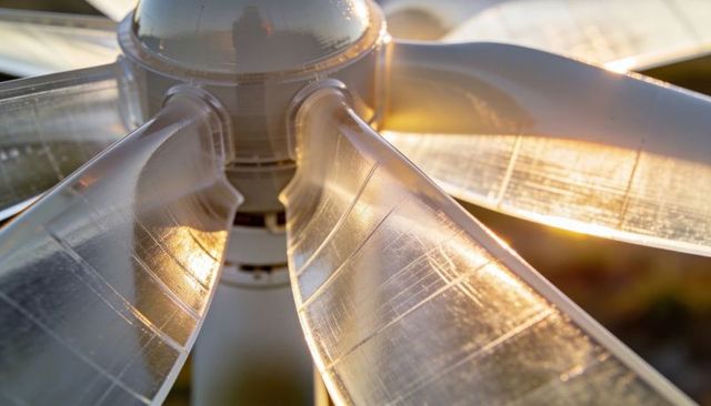 Translucent fan blades catching golden sunlight showing hub bolts and surface scratches