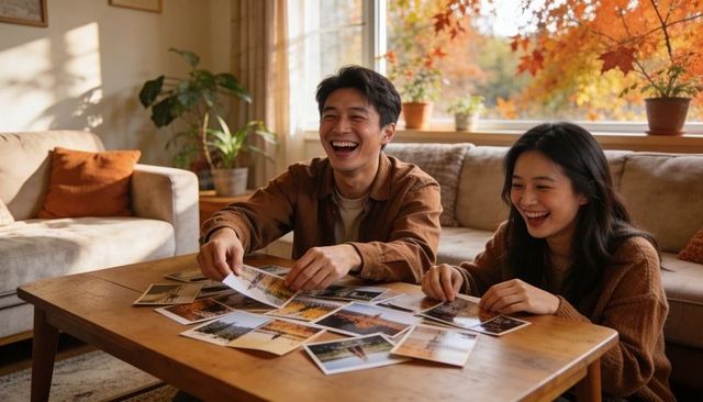 Asian couple laughing and sorting autumn prints in sunlit living room, recalling memories