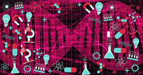 Neon magenta dna double helix with lab icons for genetics biotech digital background