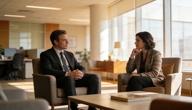 Executive leaders discussing strategy in modern corporate lounge during daytime meeting