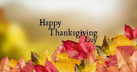 Happy thanksgiving day greeting card with colorful autumn leaves border and warm bokeh background