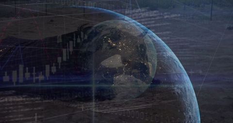 Translucent earth globe with overlayed financial data charts