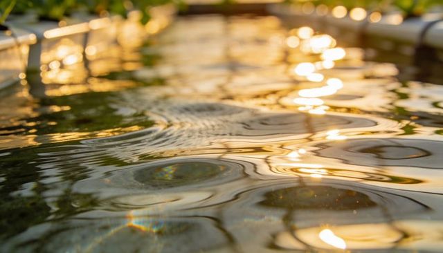 Golden evening pond ripples reflecting sunlight with bokeh glow and abstract texture