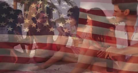 Group of Friends Bonding at Beach with USA Flag Overlay