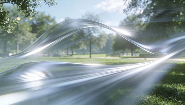 Translucent light ribbons flowing over sunlit park lawn creating glossy reflective motion