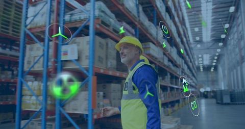 Warehouse worker walking aisle inspecting racking with ar icons for inventory management