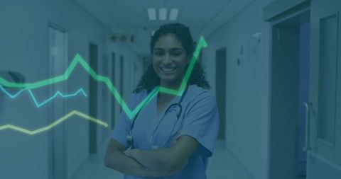 Nurse Analyzing Healthcare Data in Modern Hospital Corridor