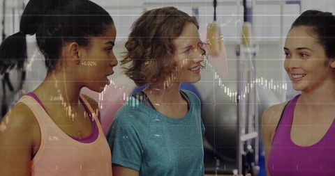 Women in Activewear Discuss Wellness with Stock Chart Overlay at Gym