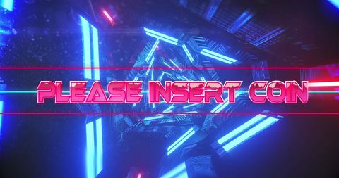 Neon 'Please Insert Coin' Banner with Futuristic Tunnel