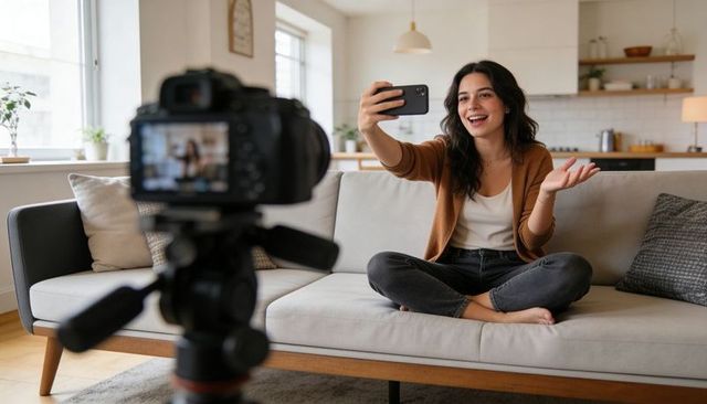 Female Vlogger Recording on Smartphone While DSLR Capturing Content in Cozy Living Room