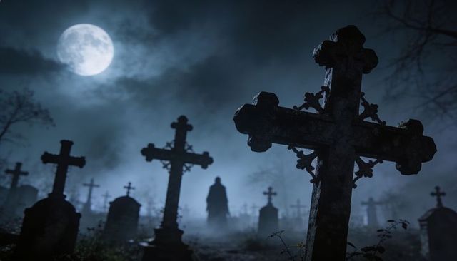 Moonlit foggy cemetery with ornate stone cross in foreground and cloaked figure looming