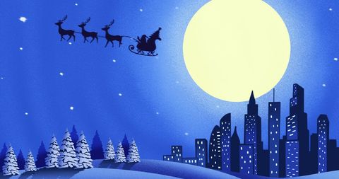 Vivid holiday depiction showing Santa Claus silhouetted against a luminous full moon soaring over a modern cityscape. Sleigh and reindeer arc through starlit night reflecting joyous Christmas spirit. Digital artwork encapsulates traditional festive themes with modern urban accents. Perfect for Christmas cards, holiday event promotions, or seasonal decorations.