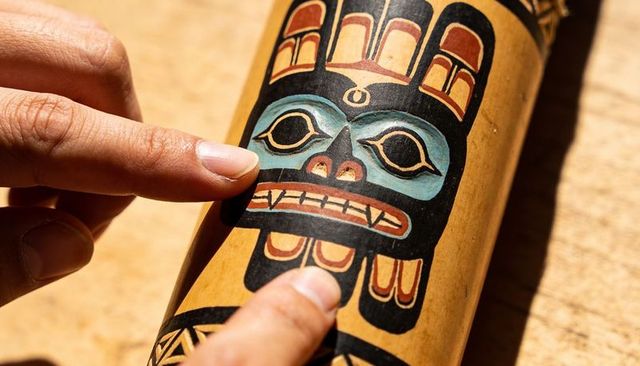 Hands tracing painted totem face on cylindrical wooden tube, closeup craftsmanship