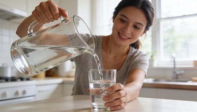 Smiling woman pouring water from clear glass pitcher into glass on bright kitchen counter