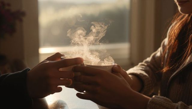 Couple Sharing Steaming Ceramic Mug Holding Hands in Sunlit Cozy Morning Knit Sweater